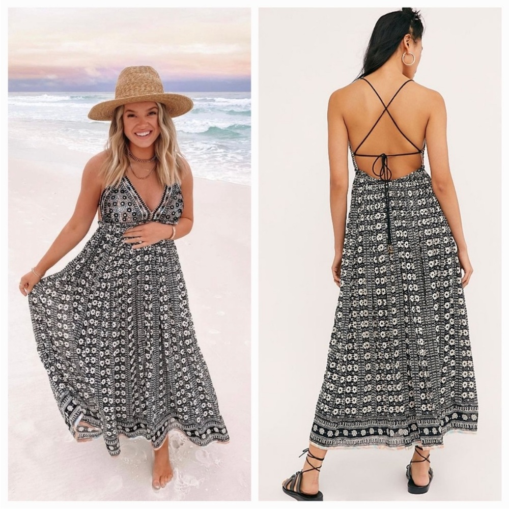 Free People Good Vibes Geometric Print Beaded Sequin Triangle Top Maxi Dress - Picture 4 of 16